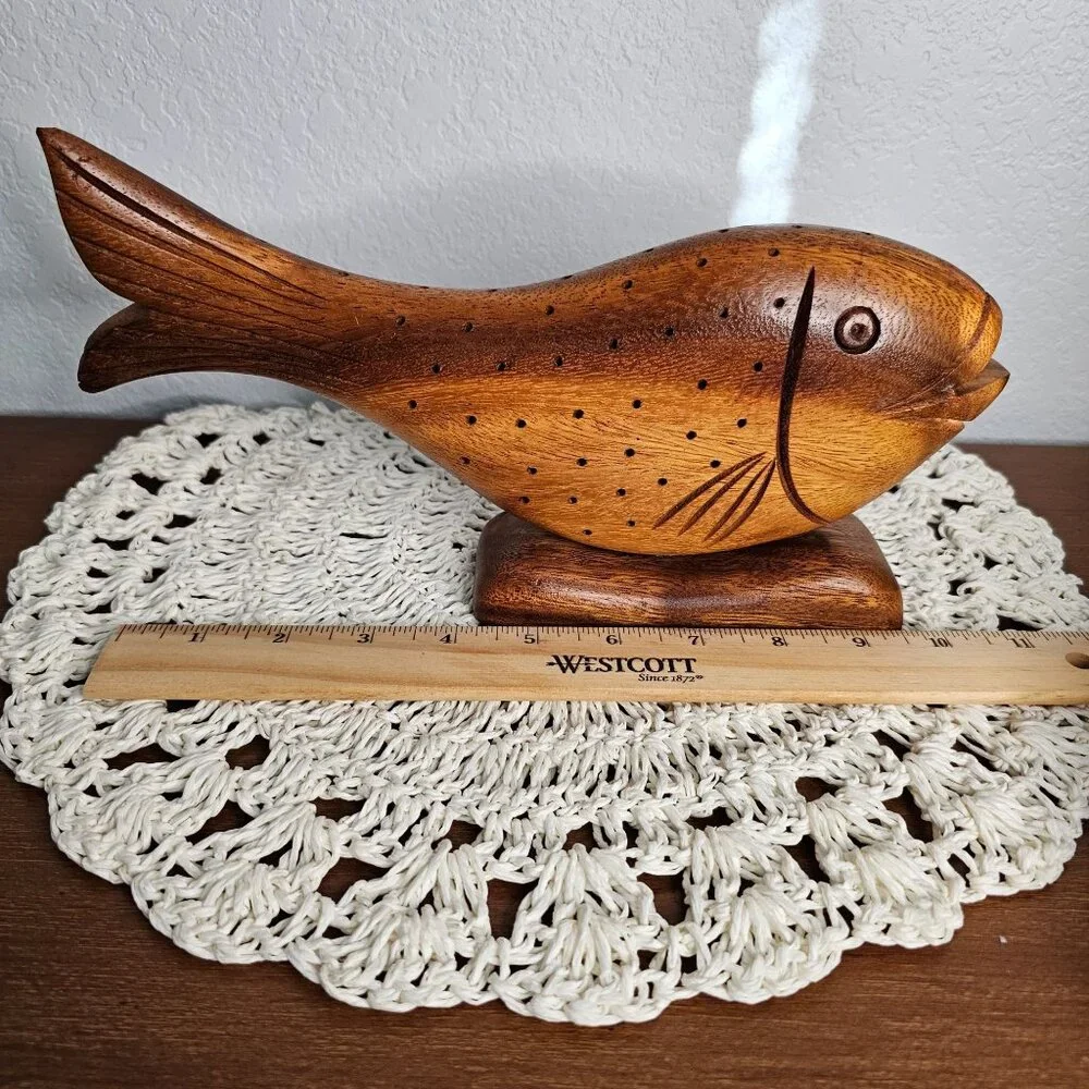 Vintage Mode Century Modern Monkey Pod Fish‎ Sculpture Hawaii 1962